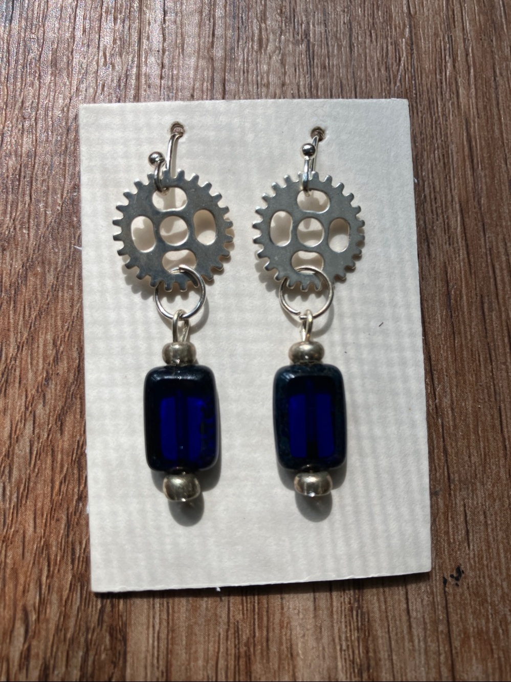 Silver Gear Dangle Earrings with Deep Blue Beads